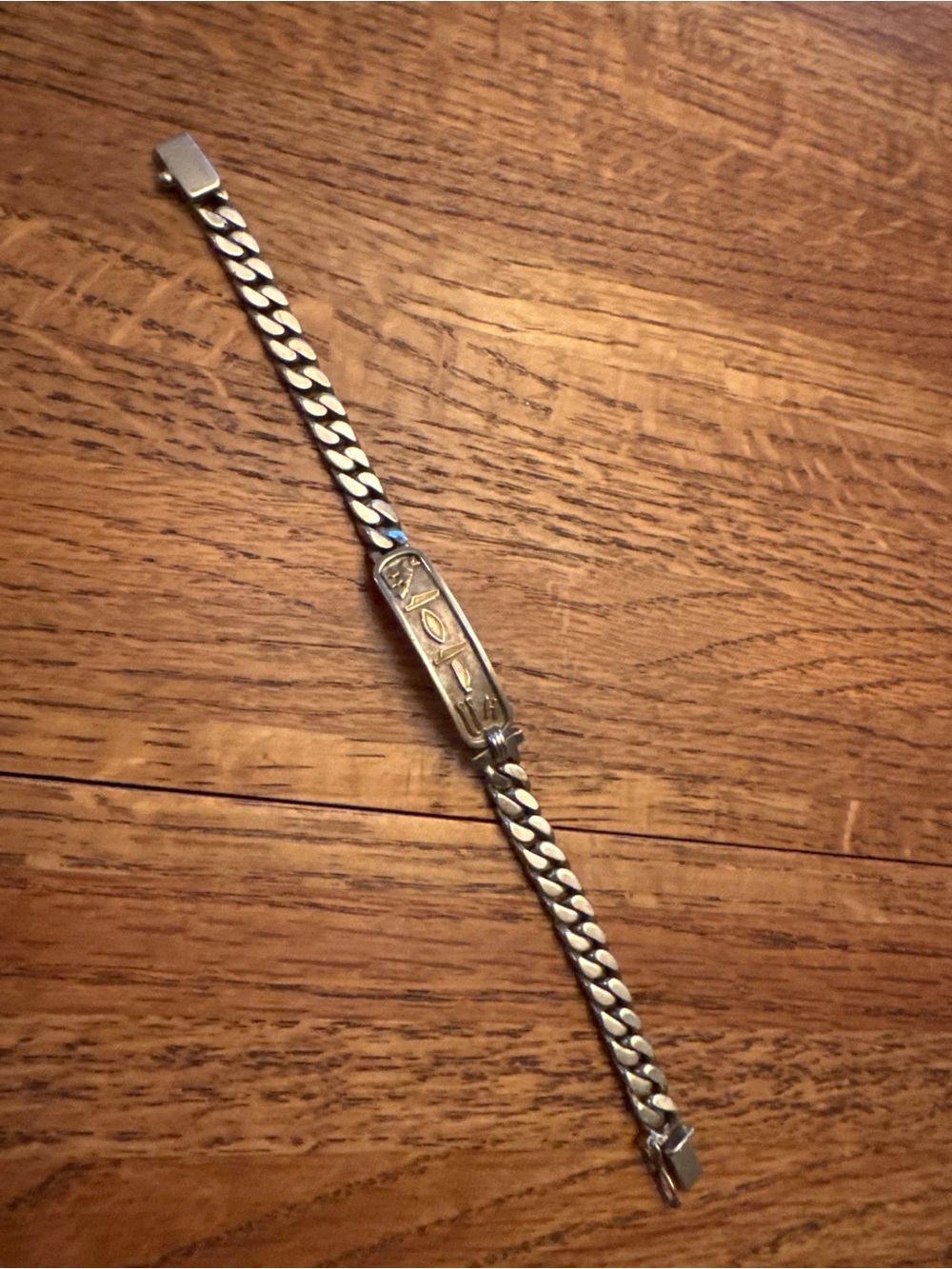 Vintage Egyptian Cartouche Hieroglyphic Curb Chain Bracelet